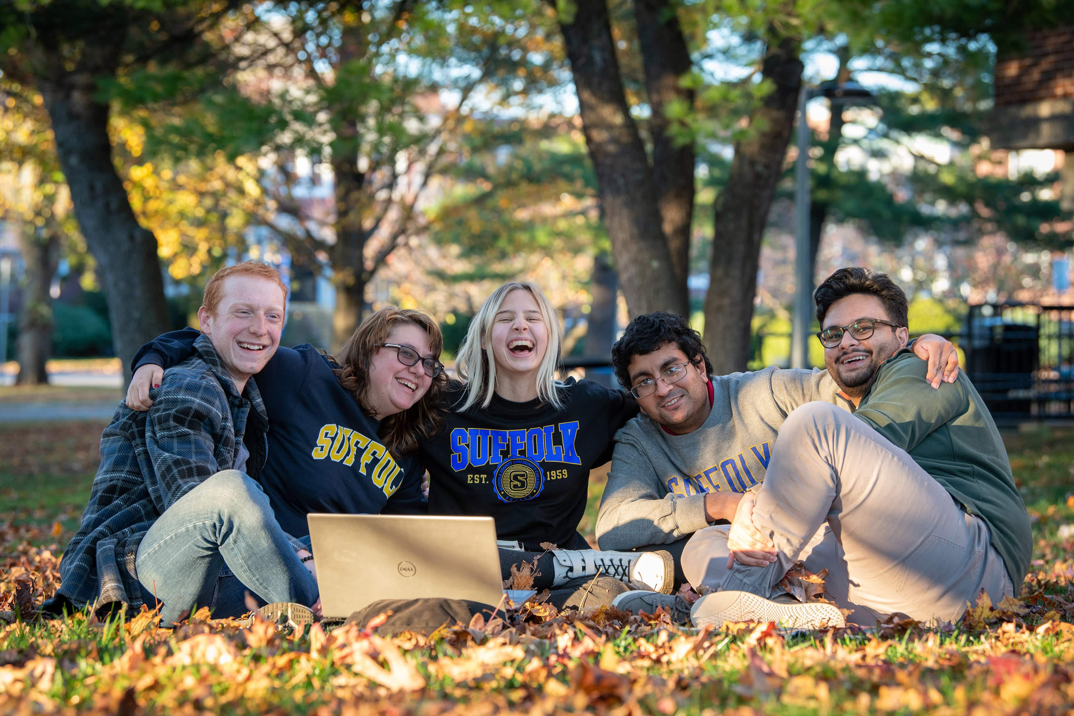 Five students outside on college campus smiling while sitting in the autumn leaves under a tree.